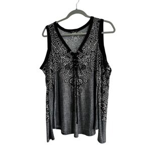 Venus Cold‎ Shoulder Top - Black & White Print, Lace-Up Detail, Plus Size